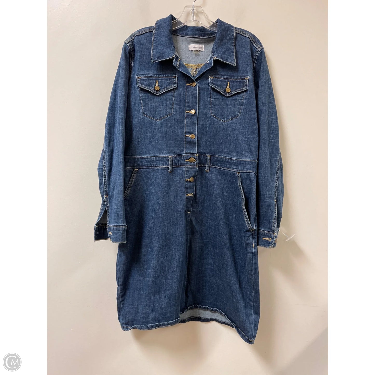 Dress Casual Midi By Calvin Klein In Blue Denim, Size: L
