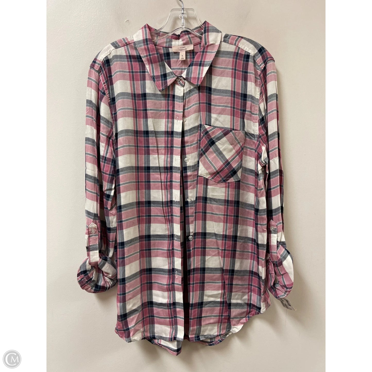 Blouse Long Sleeve By Como Vintage In Plaid Pattern, Size: L