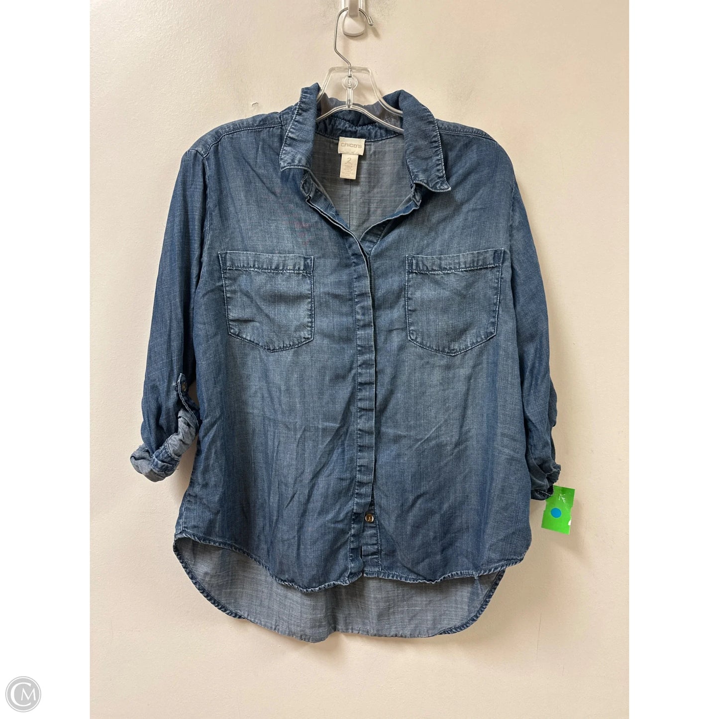 Blouse Long Sleeve By Chicos In Blue Denim, Size: Lp