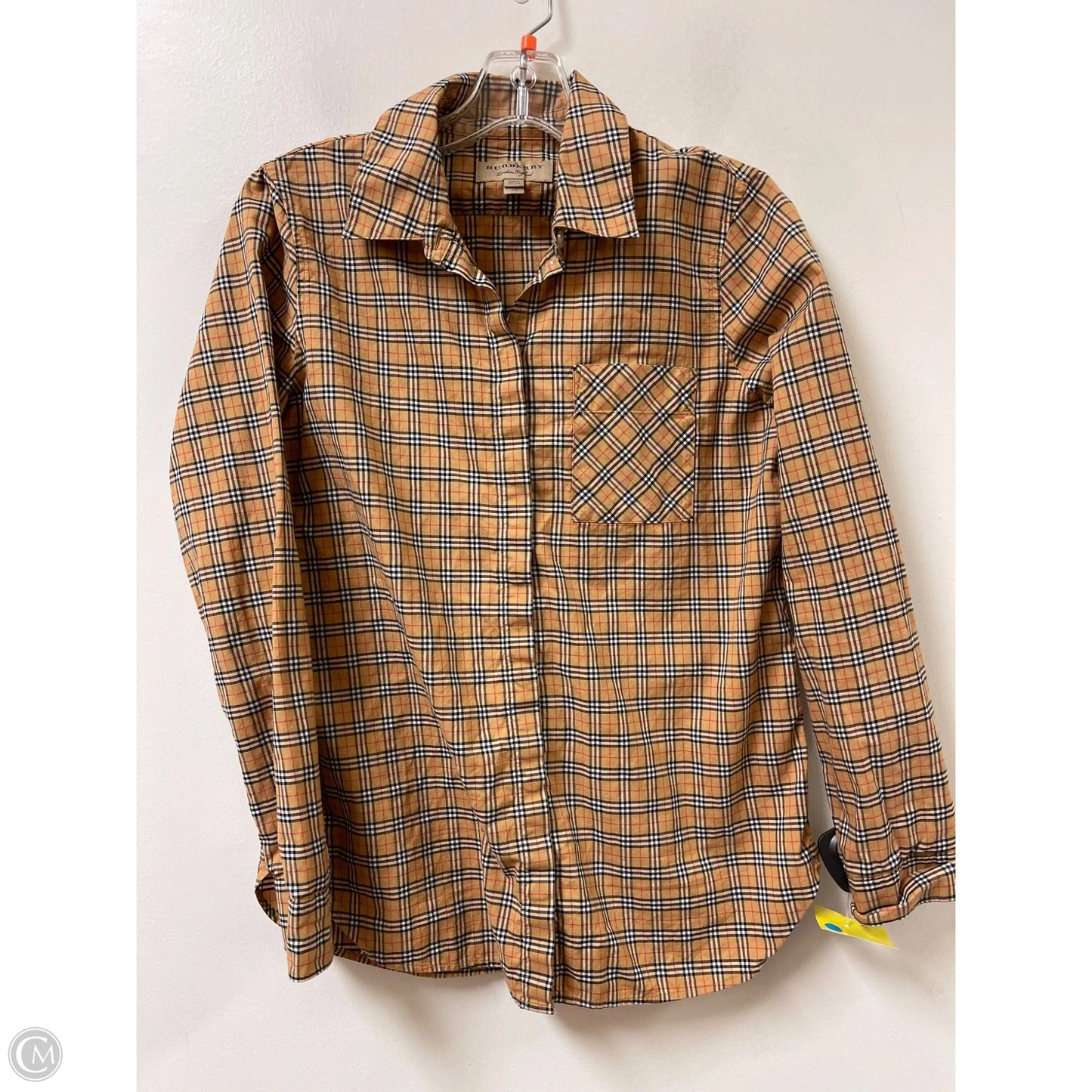 Blouse Luxury Designer By Burberry In Plaid Pattern, Size: S