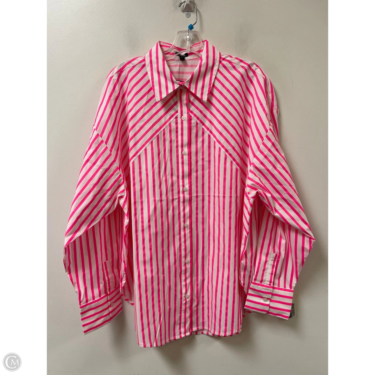 Blouse Long Sleeve By Express In Pink & White, Size: L