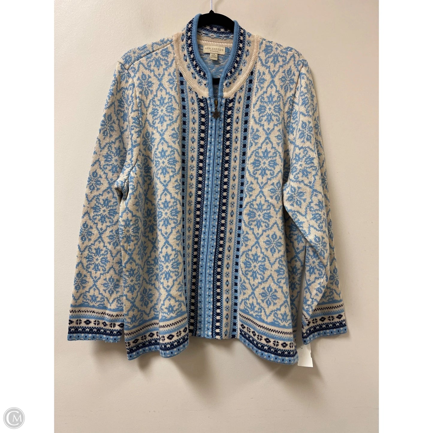 Sweater Cardigan By Appleseeds In Blue & White, Size: 2x