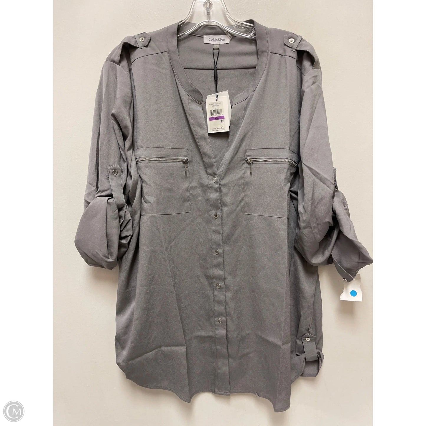 Blouse Long Sleeve By Calvin Klein In Grey, Size: 1x