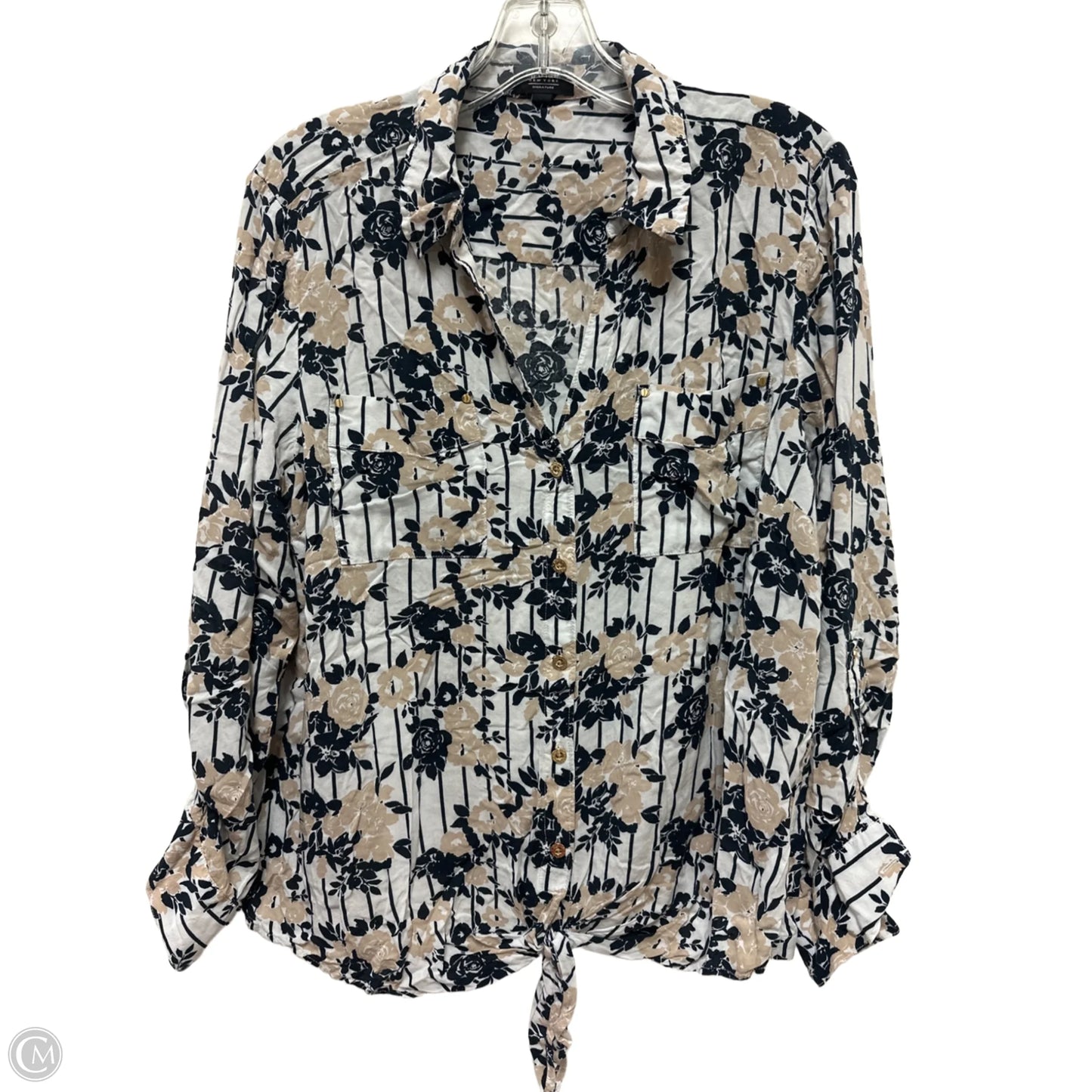 Blouse Long Sleeve By Jones New York In Blue & Cream, Size: 1x