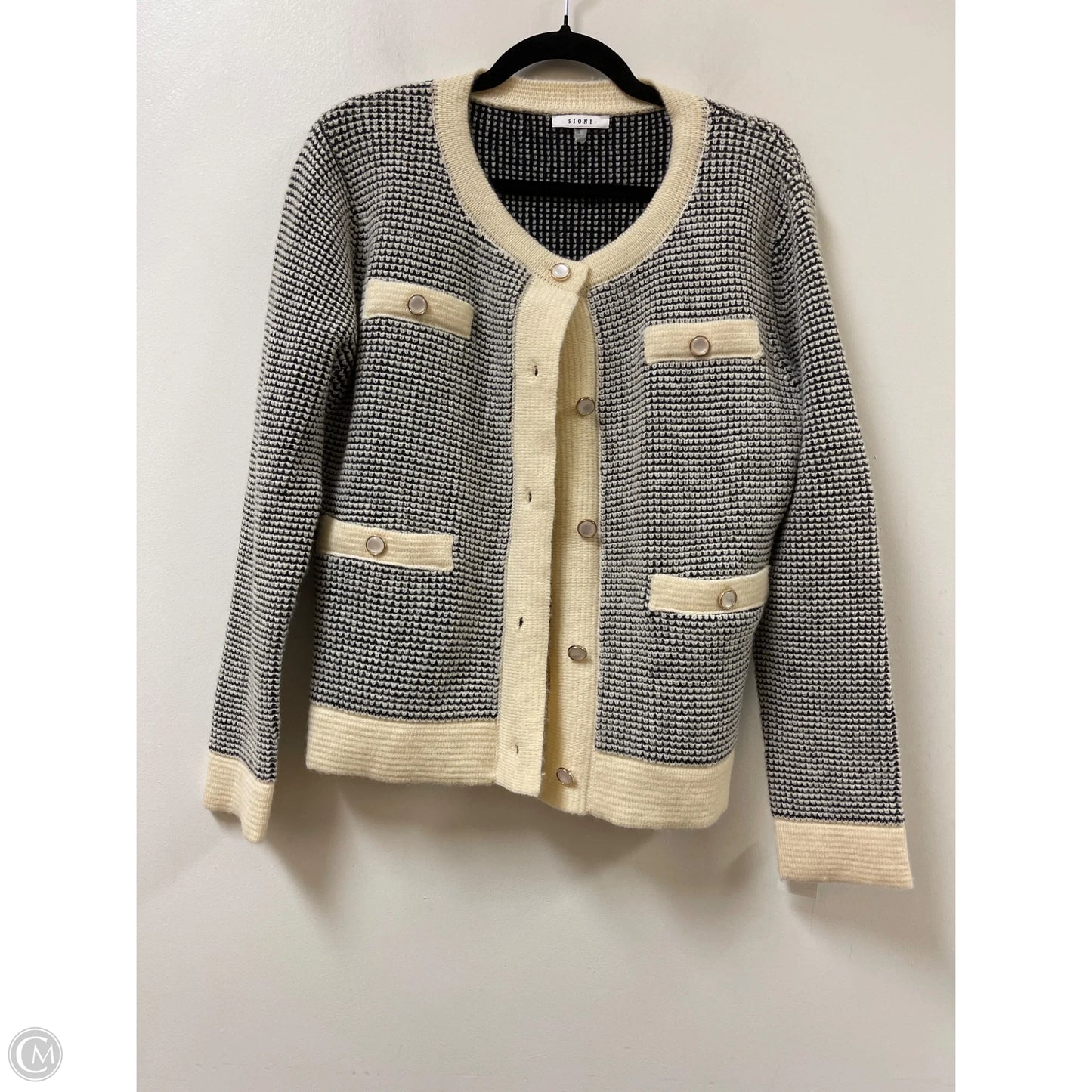 Sweater Cardigan By Sioni In Black & Cream, Size: L