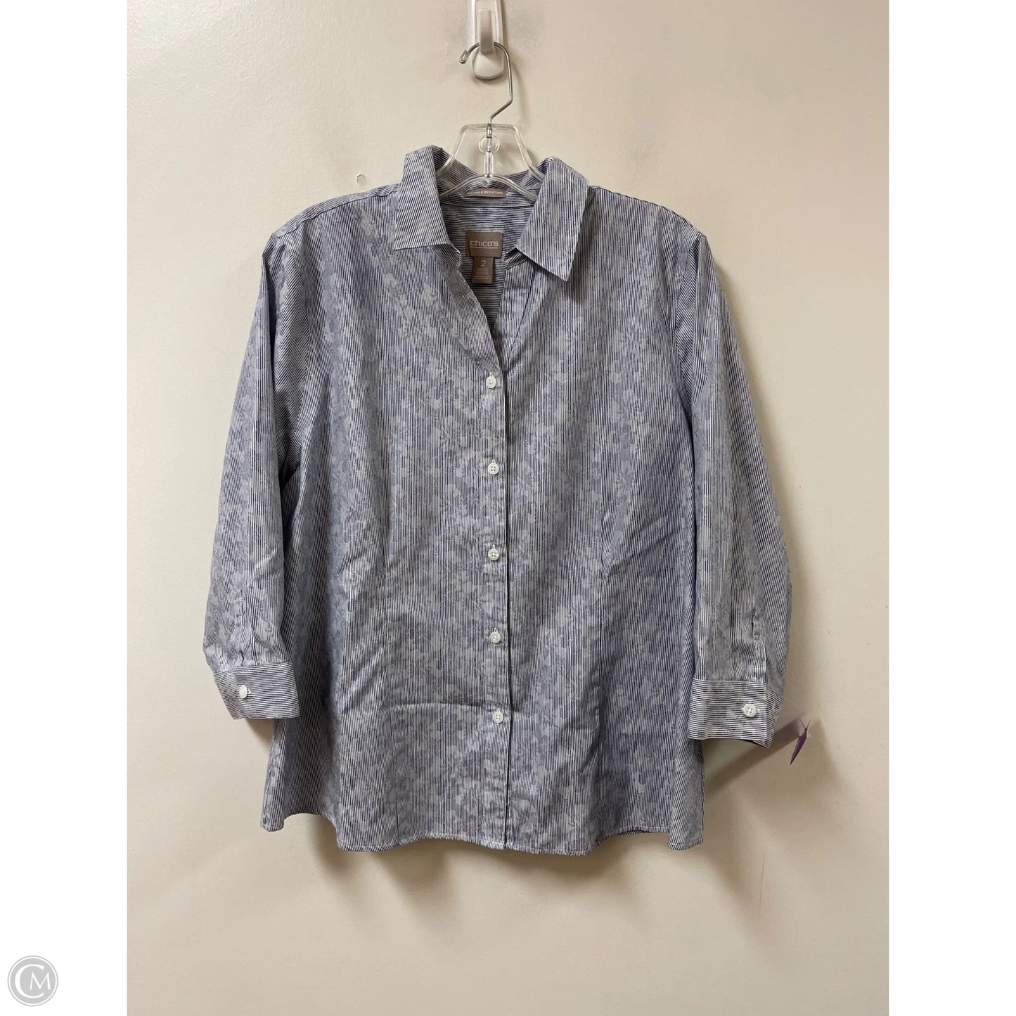Blouse Long Sleeve By Chicos In Blue & White, Size: L