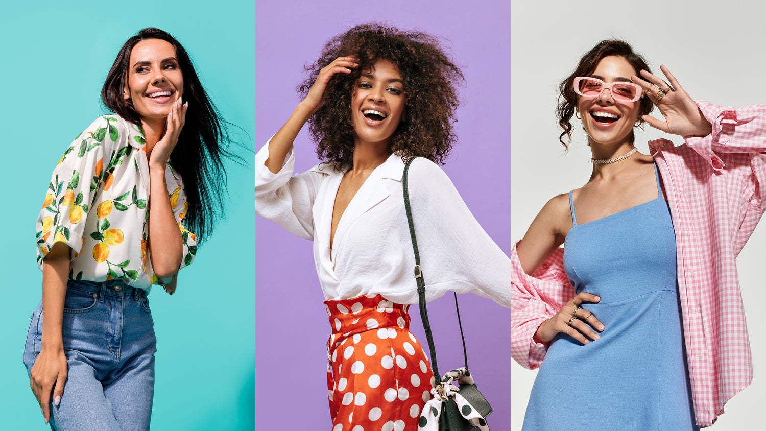 Three women posing against different colored backgrounds wearing stylish outfits.