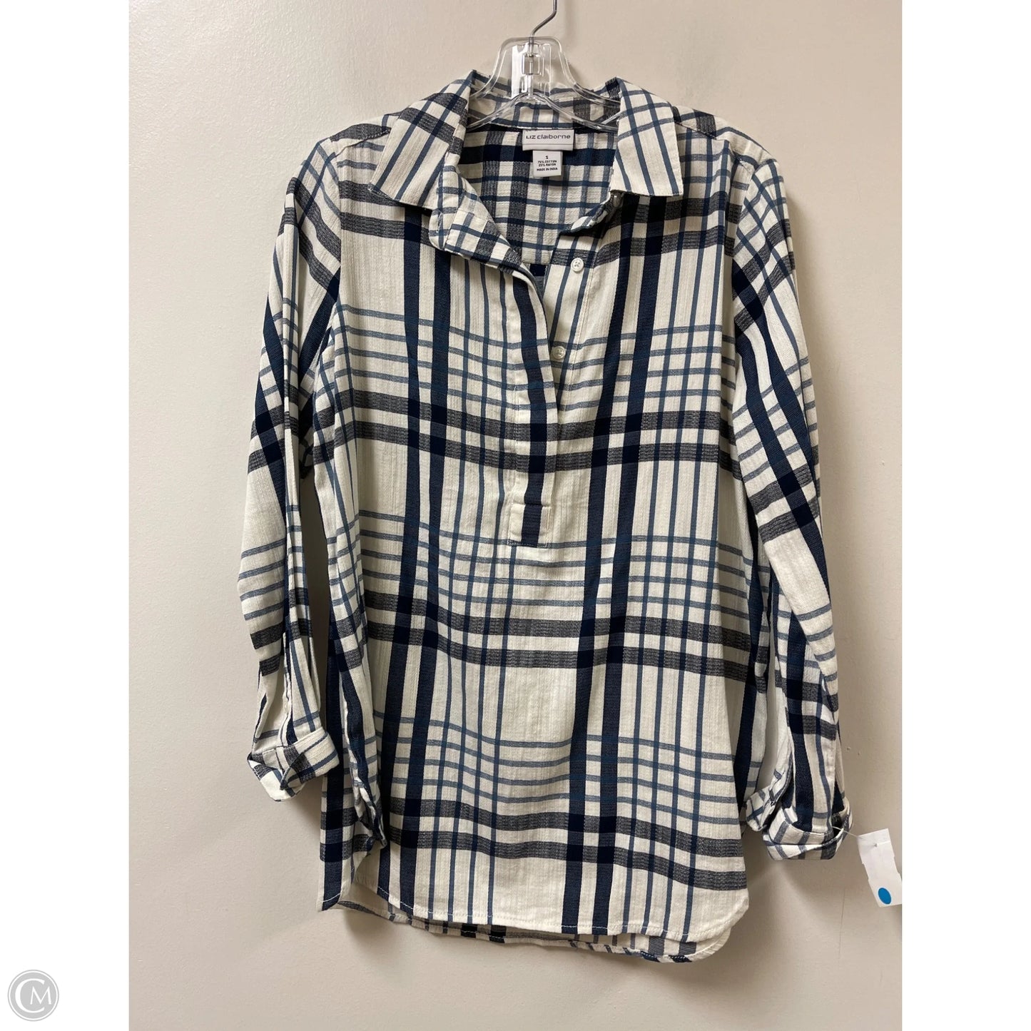 Top Long Sleeve By Liz Claiborne In Blue & Cream, Size: S
