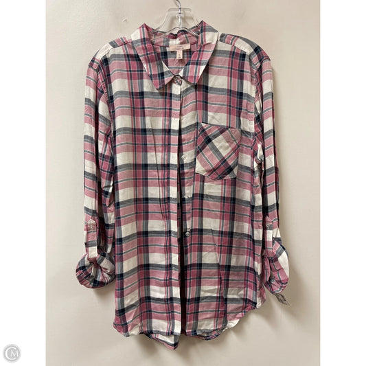Blouse Long Sleeve By Como Vintage In Plaid Pattern, Size: L