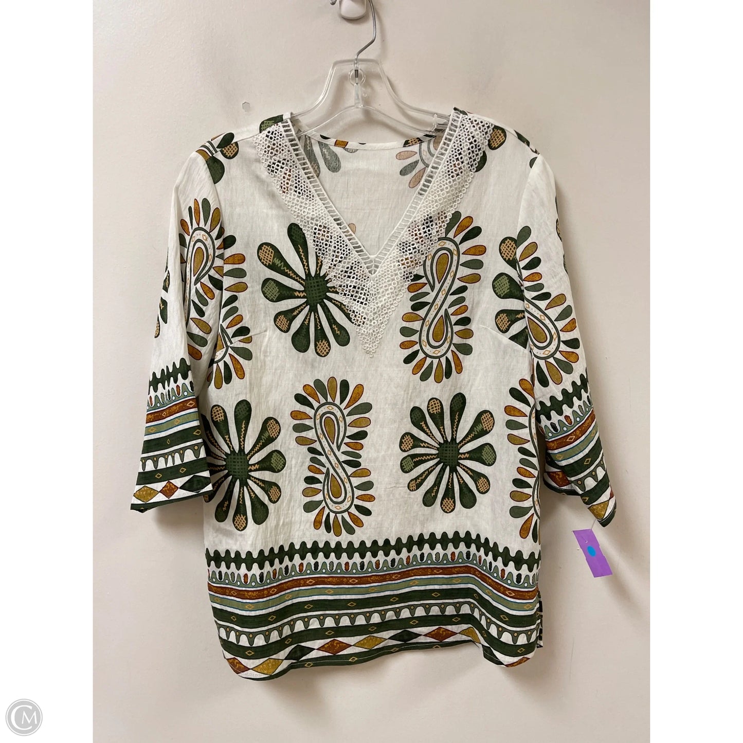Tunic Long Sleeve By Clothes Mentor In Green & White, Size: S