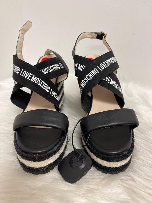 Sandals Heels Wedge By Love Moschino In Black & White, Size: 8.5