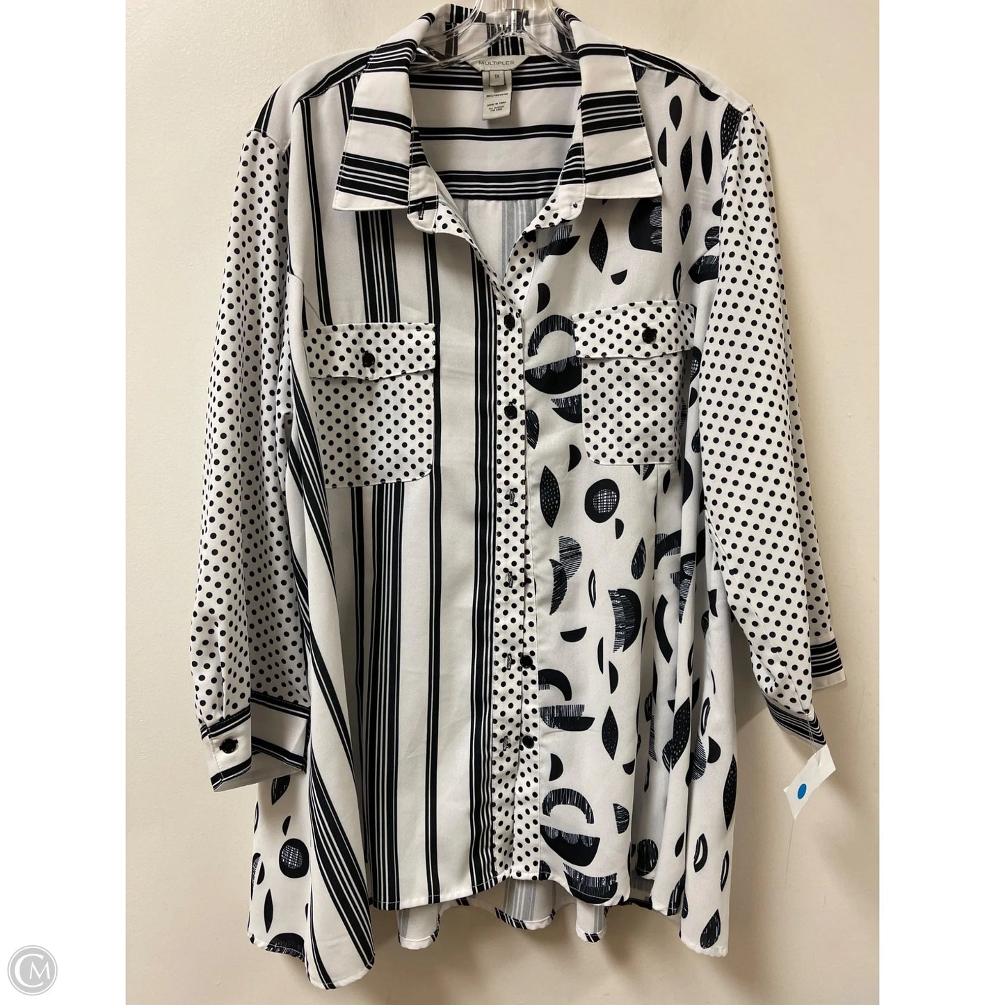 Tunic Long Sleeve By Multiples In Black & White, Size: 1x