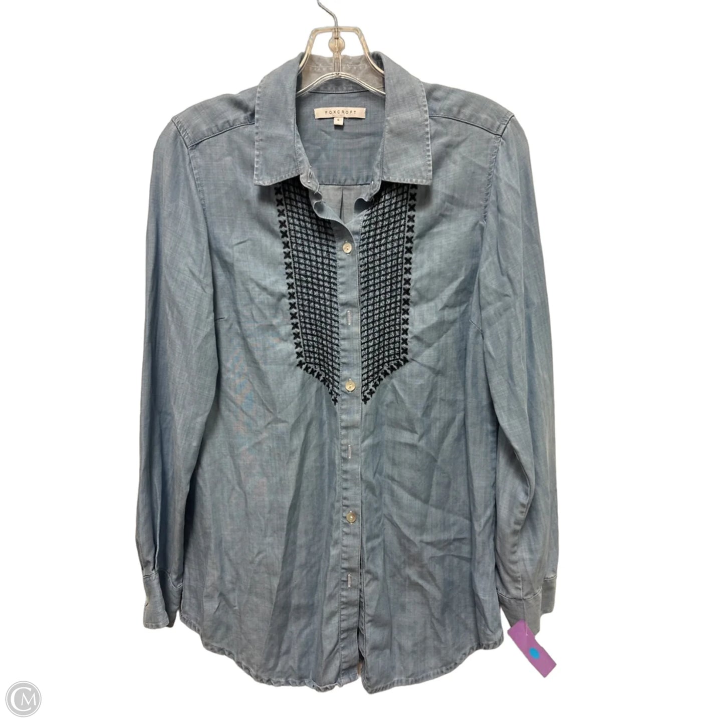 Blouse Long Sleeve By Foxcroft In Blue Denim, Size: S