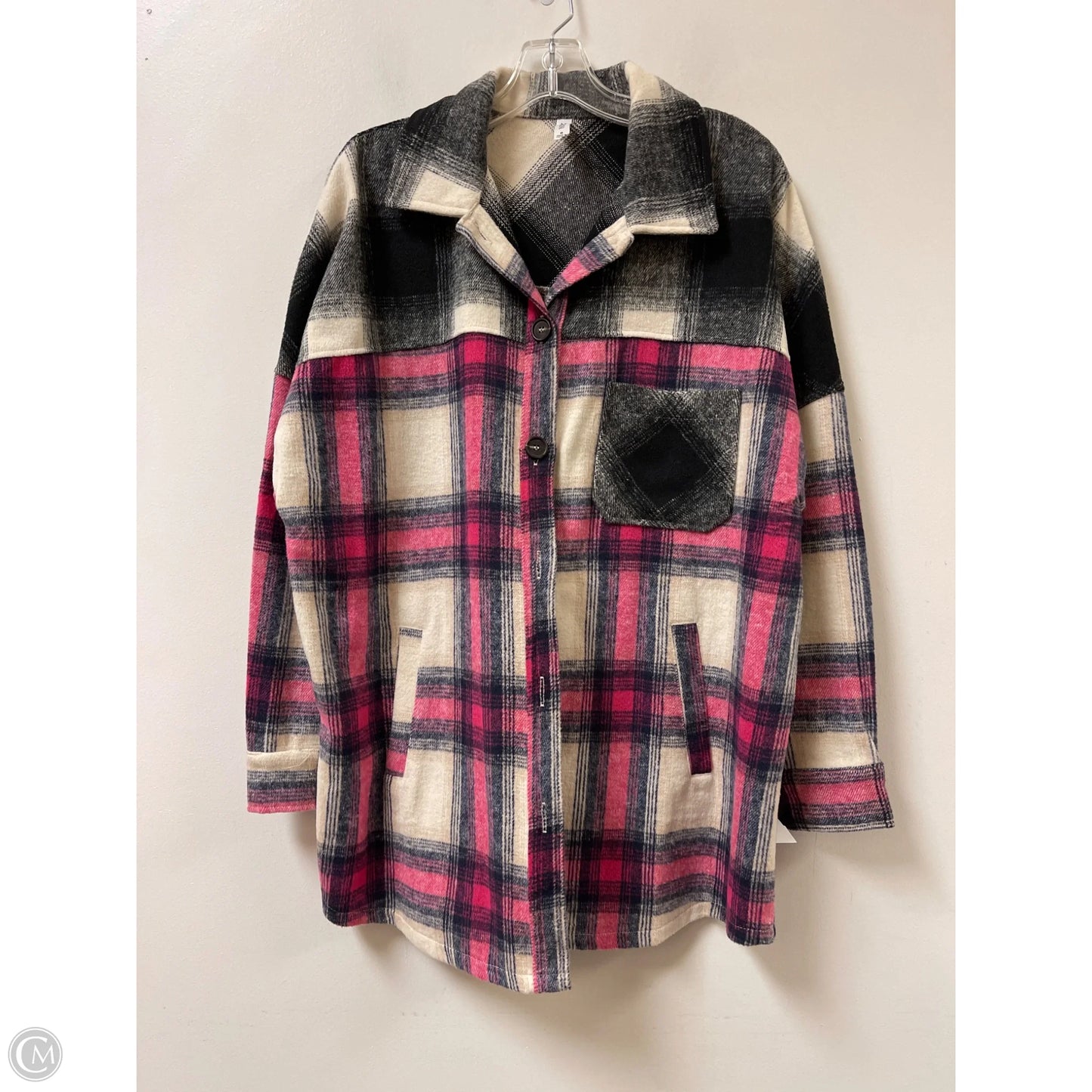 Jacket Shirt By Zenana In Black & Pink, Size: S