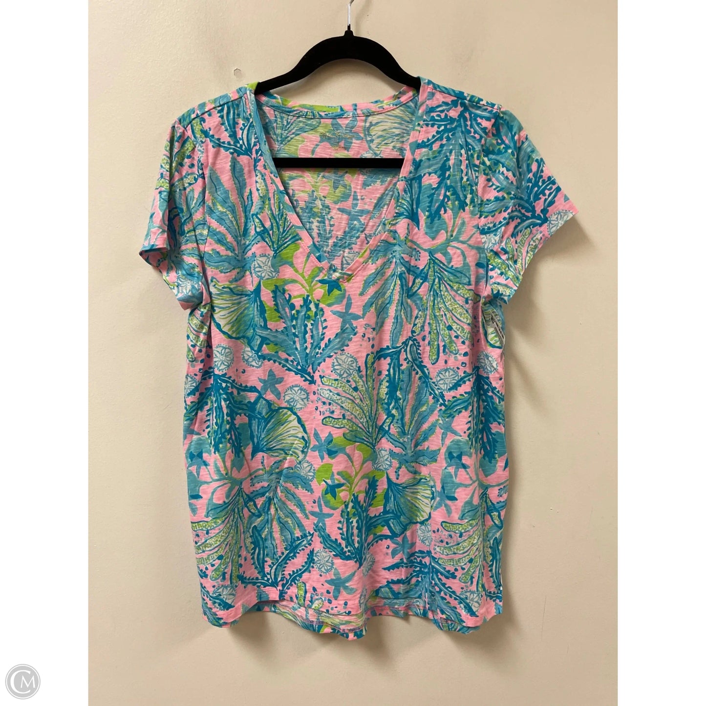 Top Short Sleeve Designer By Lilly Pulitzer In Blue & Pink, Size: L