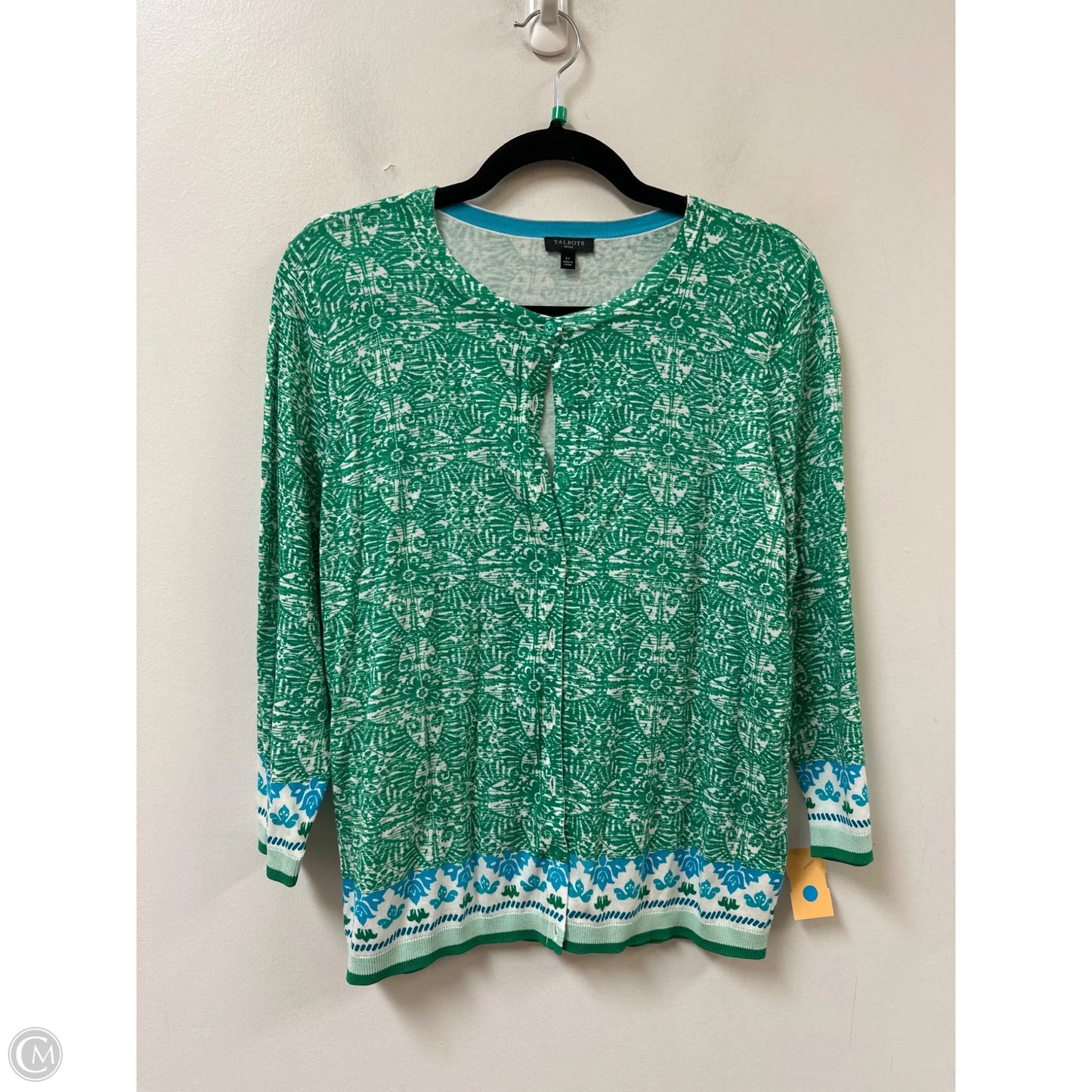 Sweater Cardigan By Talbots In Green & White, Size: Lp
