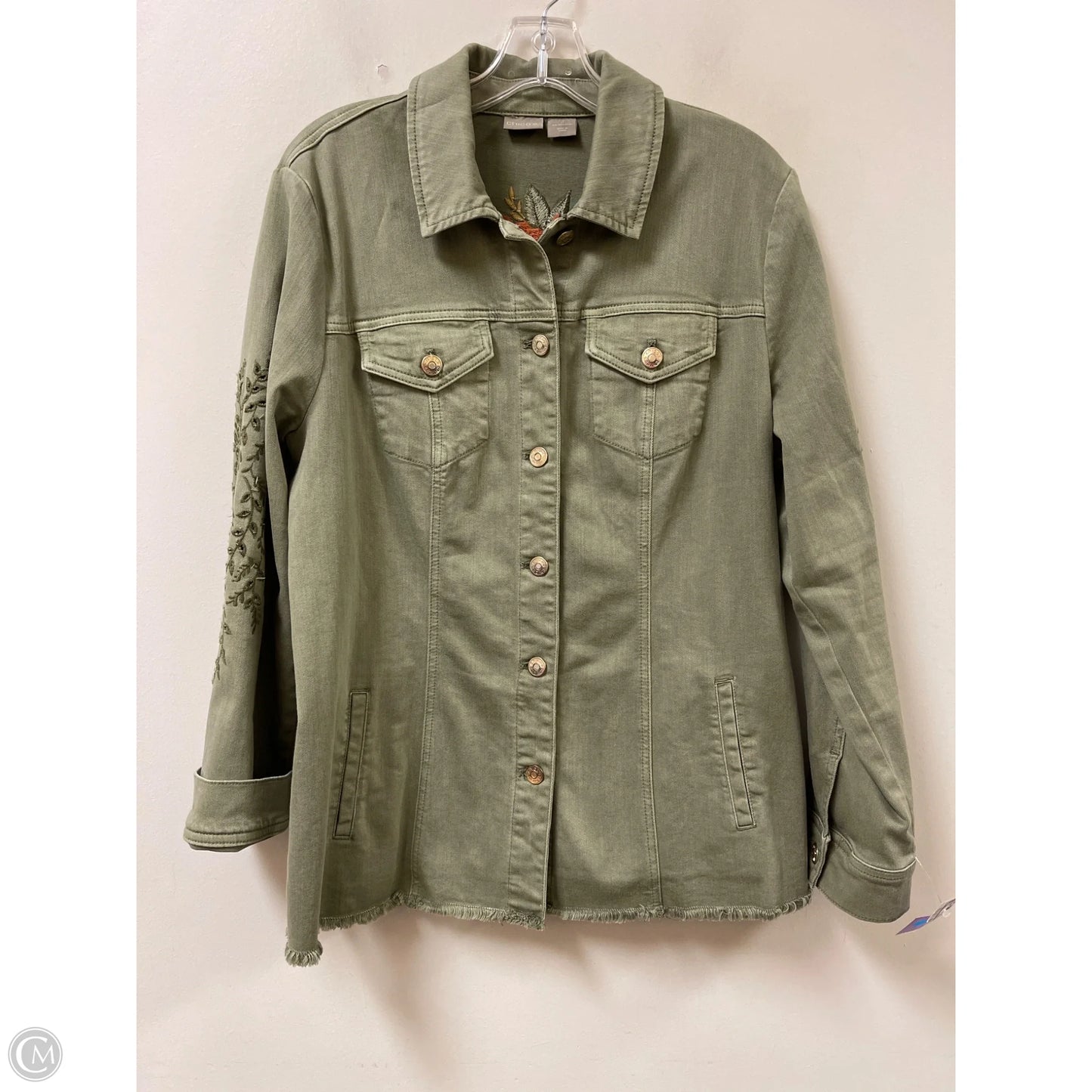 Jacket Denim By Chicos In Green Denim, Size: L