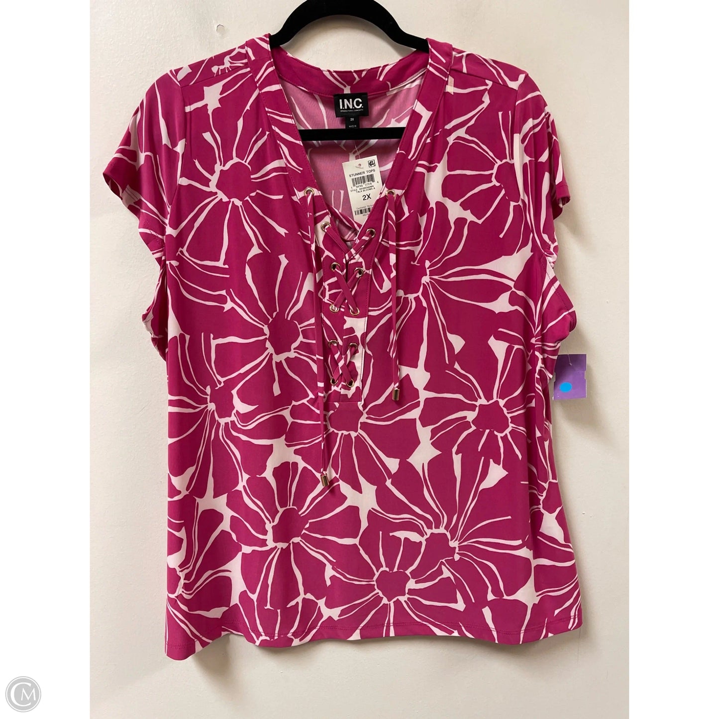 Top Short Sleeve By Inc In Pink & White, Size: 2x