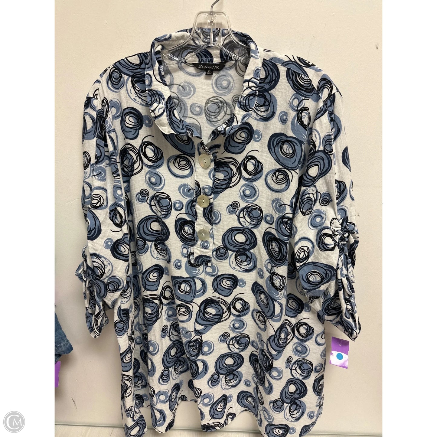 Blouse Long Sleeve By John Mark In Blue & White, Size: Xl