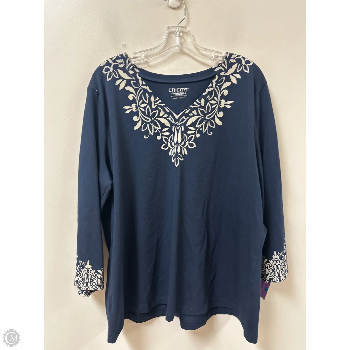 Top Long Sleeve By Chicos In Blue & Cream, Size: 1x