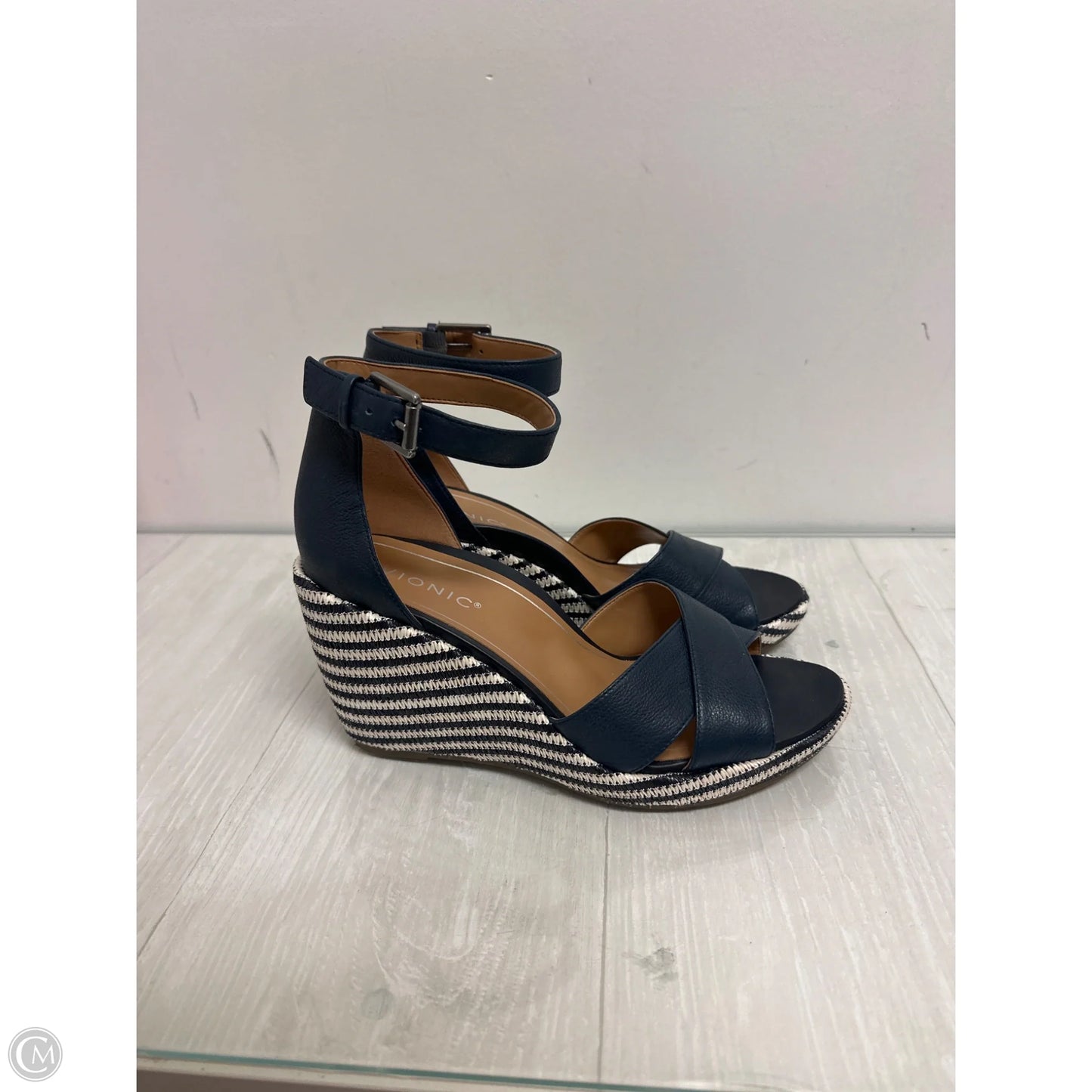 Sandals Heels Wedge By Vionic In Blue & Cream, Size: 10