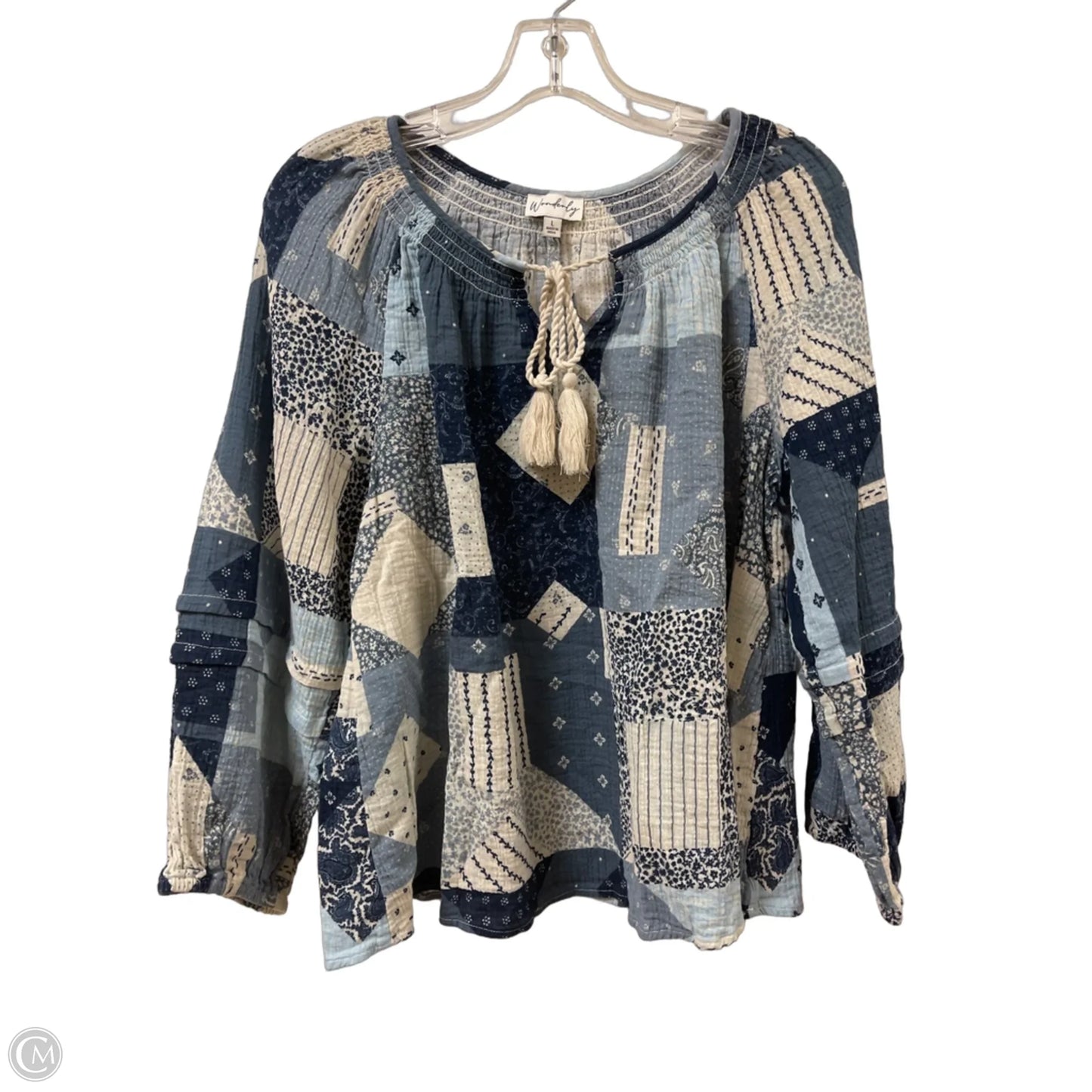Top Long Sleeve By Wonderly In Blue & White, Size: L