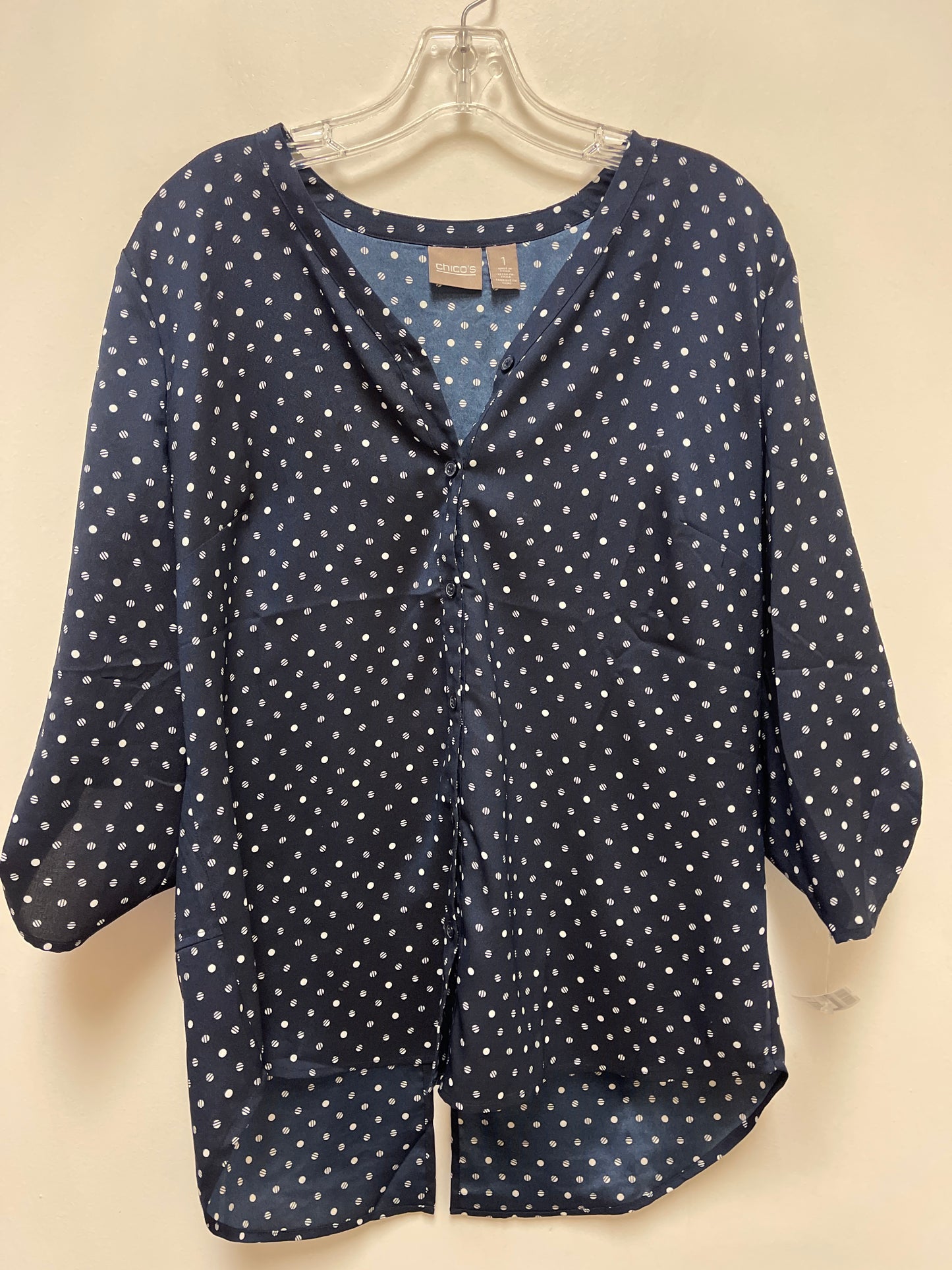 Blouse Long Sleeve By Chicos In Blue & White, Size: M