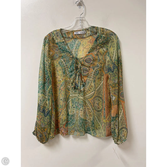 Top Long Sleeve By Zara In Green & Yellow, Size: L