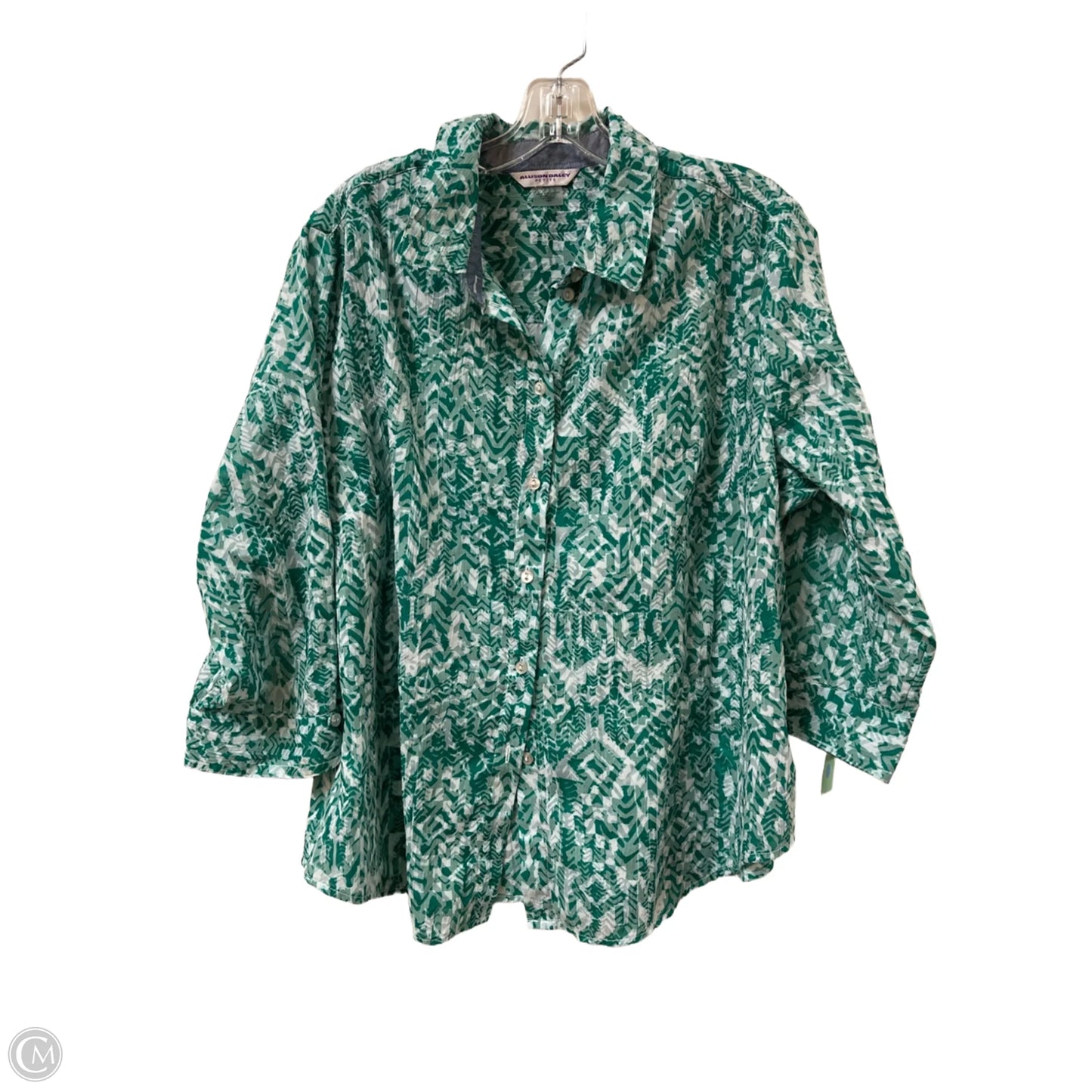 Blouse Long Sleeve By Allison Daley In Green & White, Size: Xlp