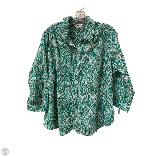 Blouse Long Sleeve By Allison Daley In Green & White, Size: Xlp