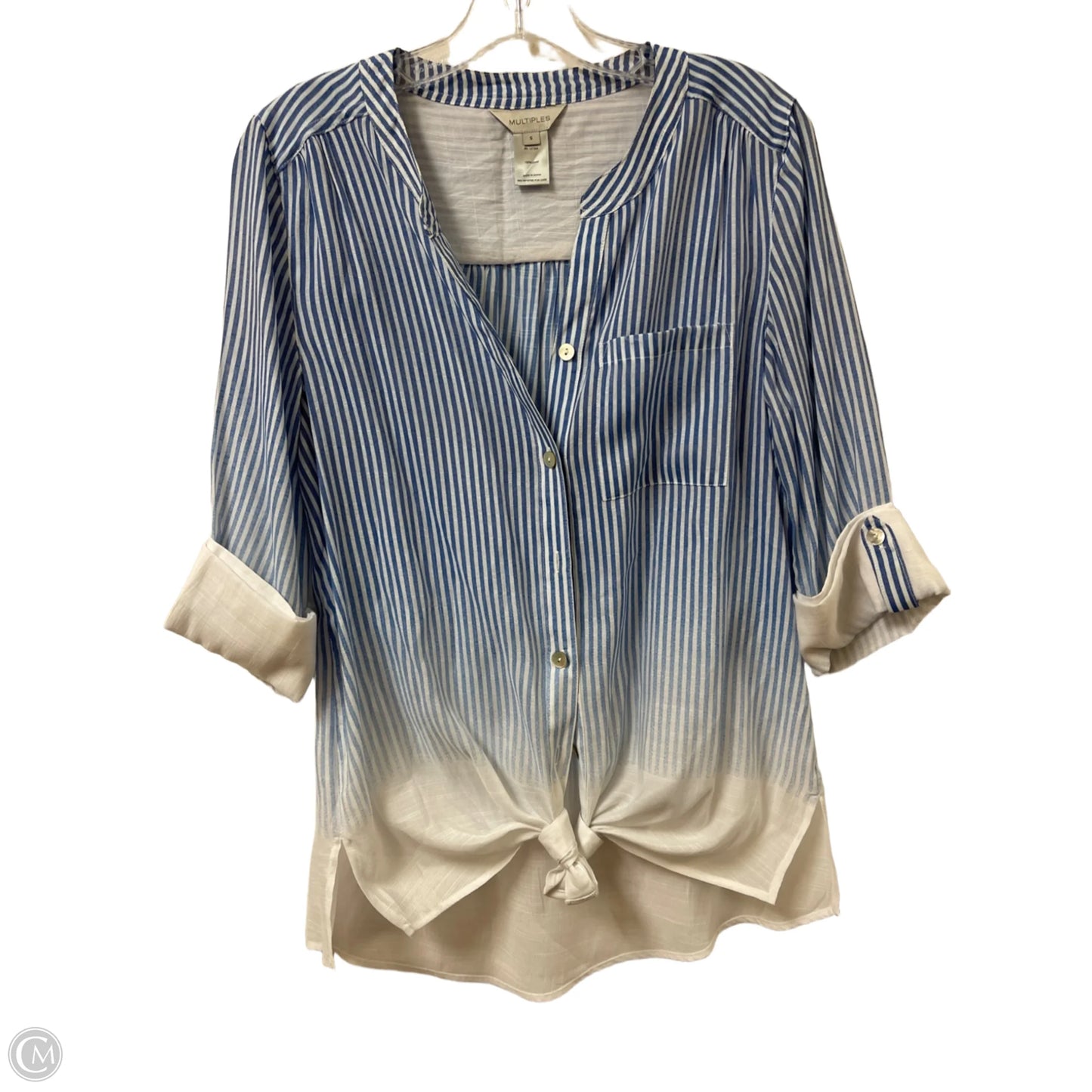 Blouse Long Sleeve By Multiples In Blue & White, Size: S