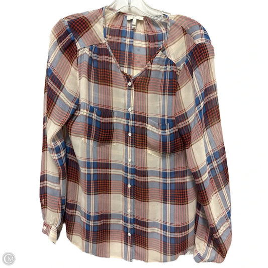 Blouse Long Sleeve By Joie In Plaid Pattern, Size: L