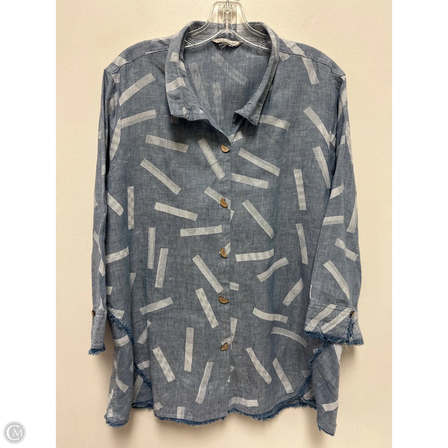 Blouse Long Sleeve By John Mark In Blue & White, Size: L