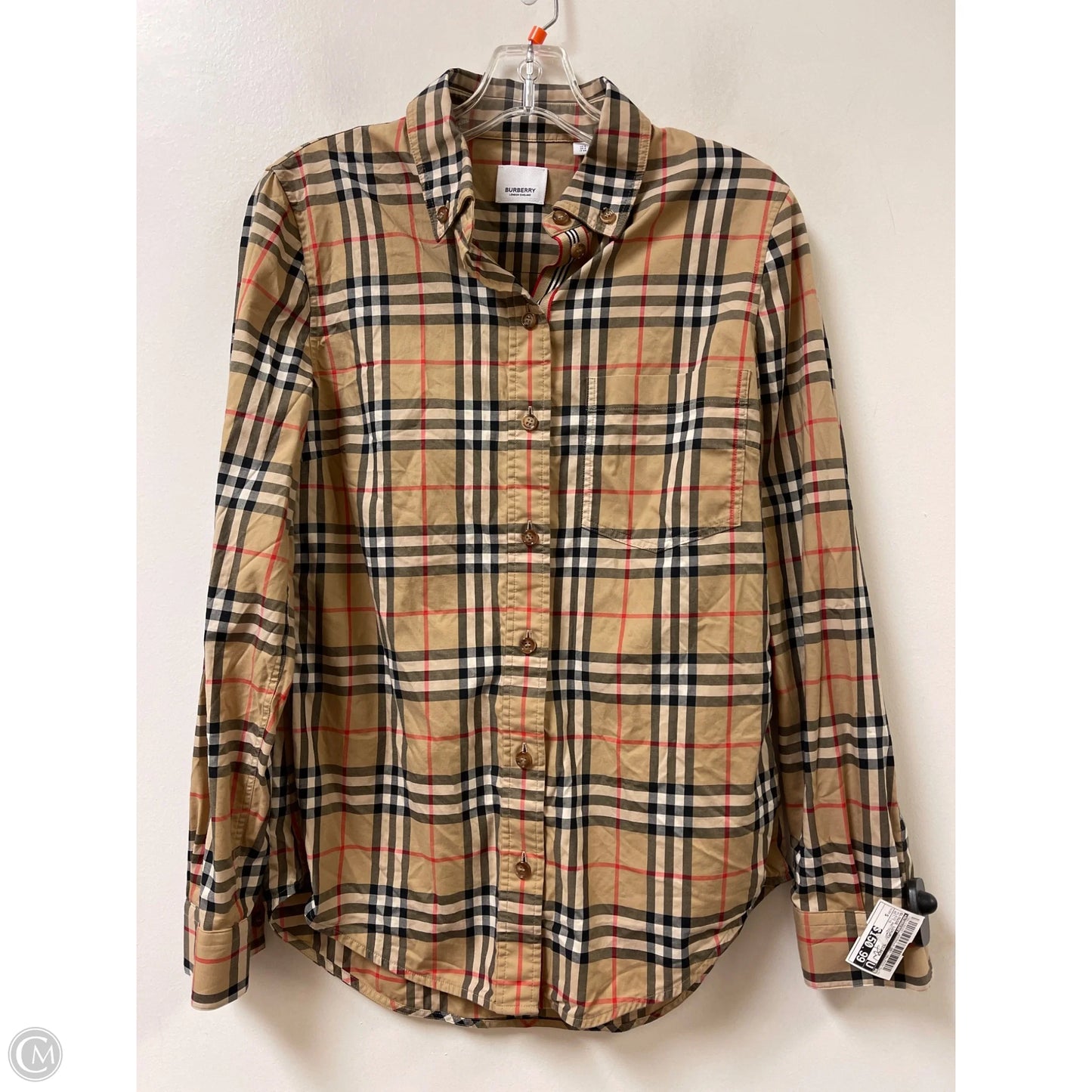 Blouse Luxury Designer By Burberry In Plaid Pattern, Size: S