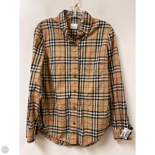 Blouse Luxury Designer By Burberry In Plaid Pattern, Size: S