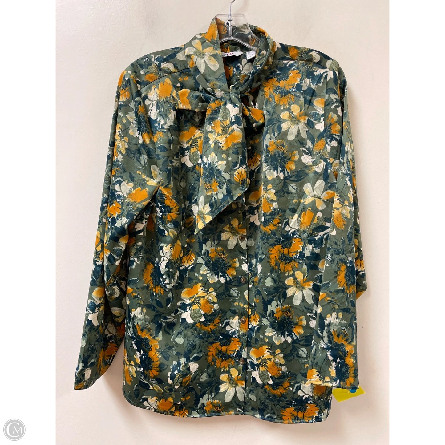 Blouse Long Sleeve By Denim And Co Qvc In Green & Yellow, Size: L
