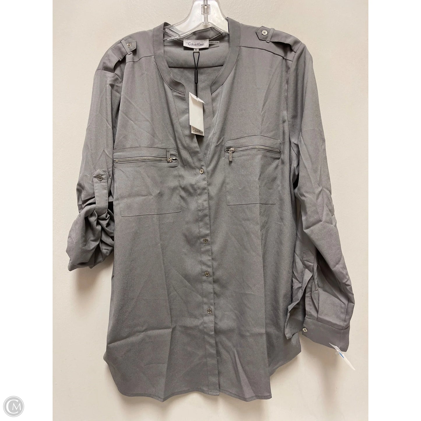 Blouse Long Sleeve By Calvin Klein In Grey, Size: Xl