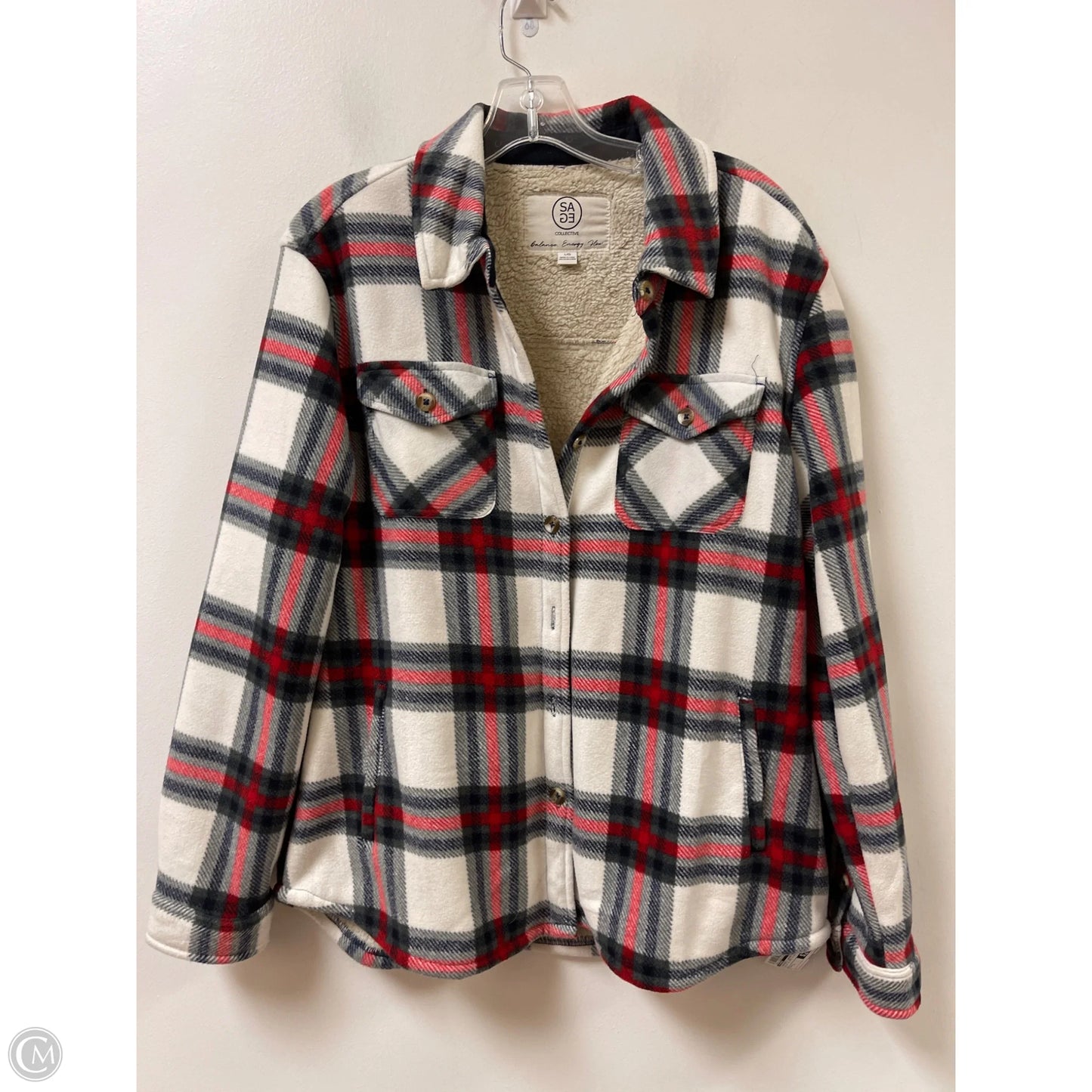 Jacket Shirt By Sage In Blue & Red & White, Size: L