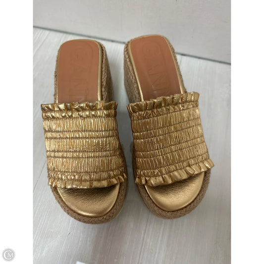 Shoes Heels Wedge By Ganni In Gold, Size: 6