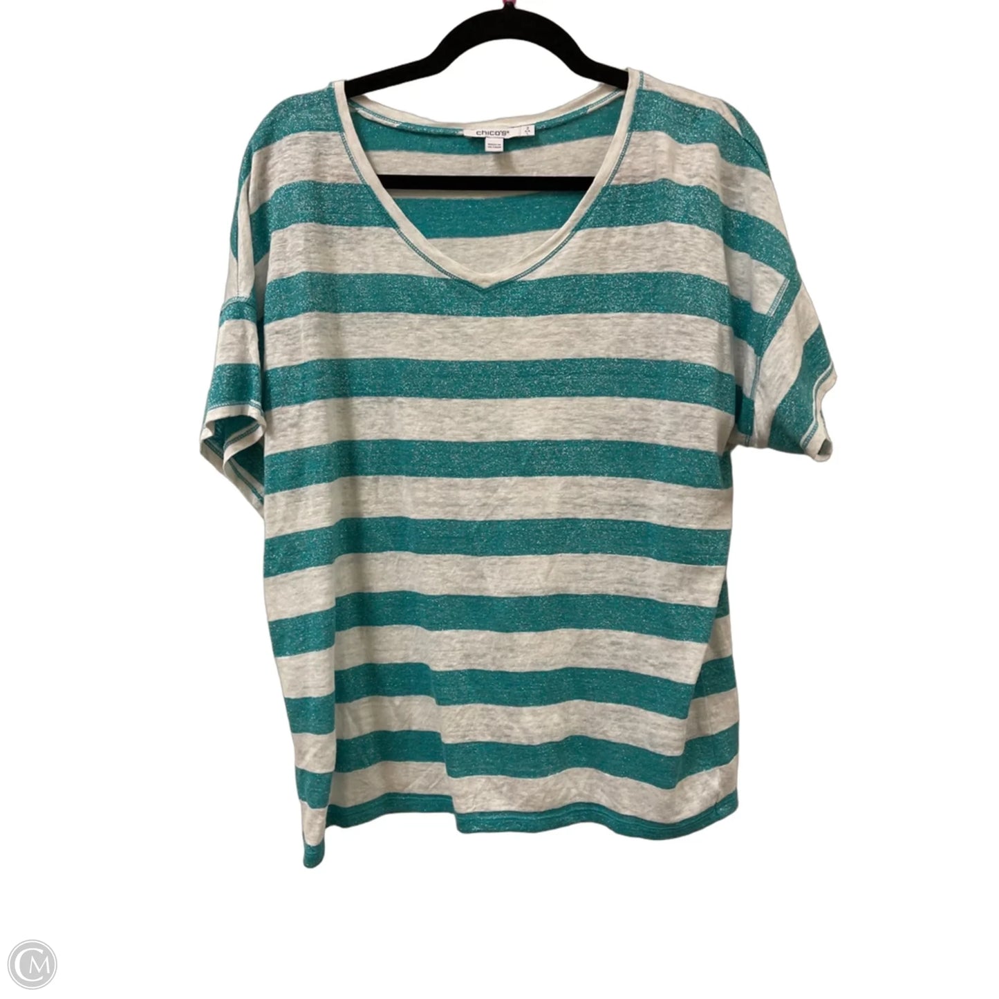 Top Short Sleeve By Chicos In Green & White, Size: L